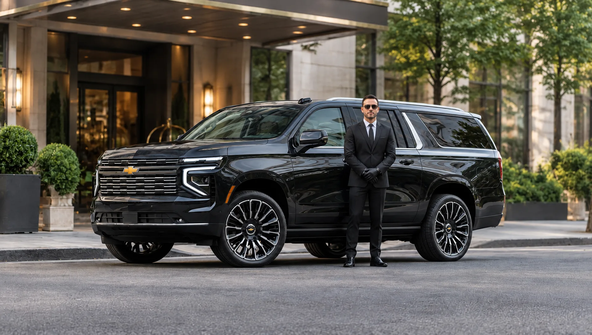 Chauffeur beside a black 2025 Chevrolet Suburban at a Manhattan hotel entrance